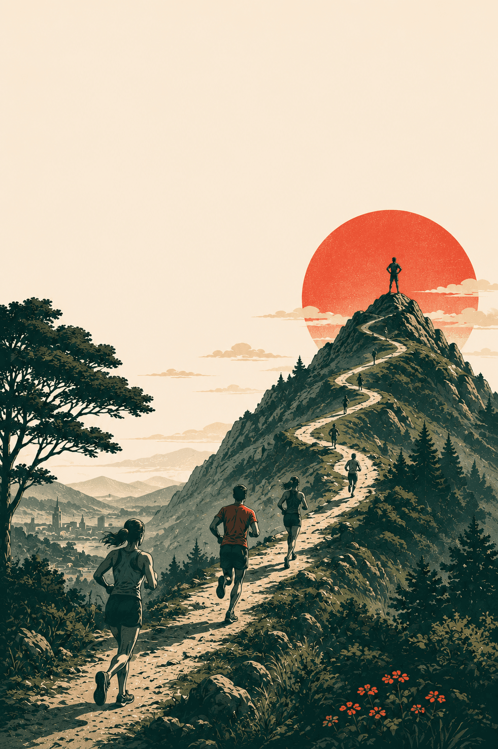 Runners progressing together towards a mountain summit